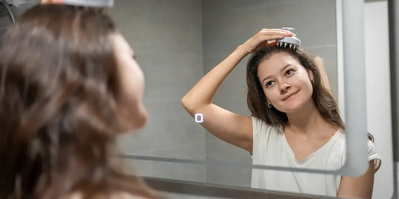 En kvinna njuter av en avkopplande hår massage framför spegeln.
