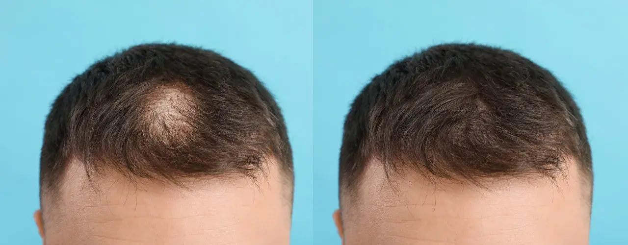 Före och efter bilder som visar resultat av microneedling hårbotten. Håret ser tätare ut efter behandlingen.