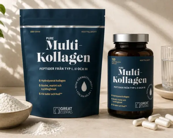 Pure Multi-Kollagen, ett kosttillskott som kan vara ett stöd vid klimakteriet. Finns som pulver och kapslar.