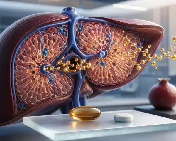 Detaljerad bild av en lever med molekylära strukturer. En kapsel och en tablett syns framför, vilket kan associeras med vitamin B6 biverkningar.