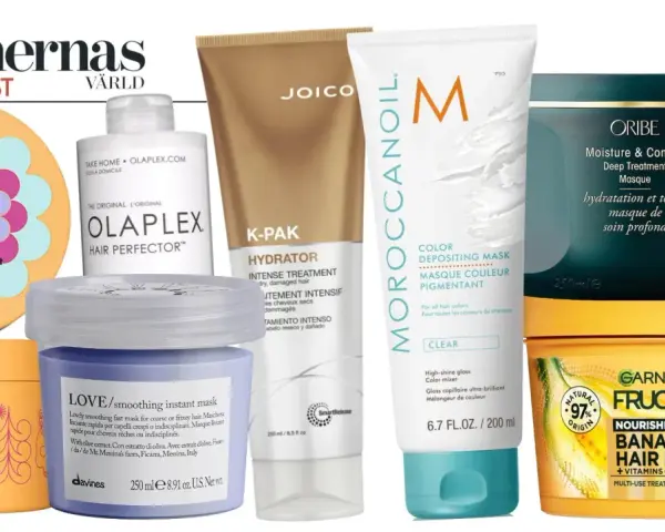 Här är en samling av olika hårinpackningar, inklusive Amika, Olaplex, Joico, Moroccanoil, Oribe och Garnier Fructis. En bra hårinpackning för alla hårtyper.