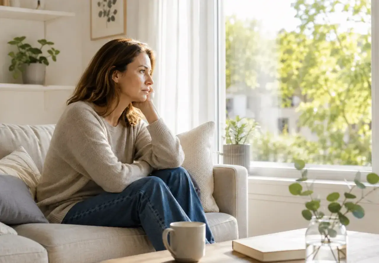 Kvinna sitter i soffan och tittar ut genom fönstret, kanske funderar över brist på testosteron och dess effekter.