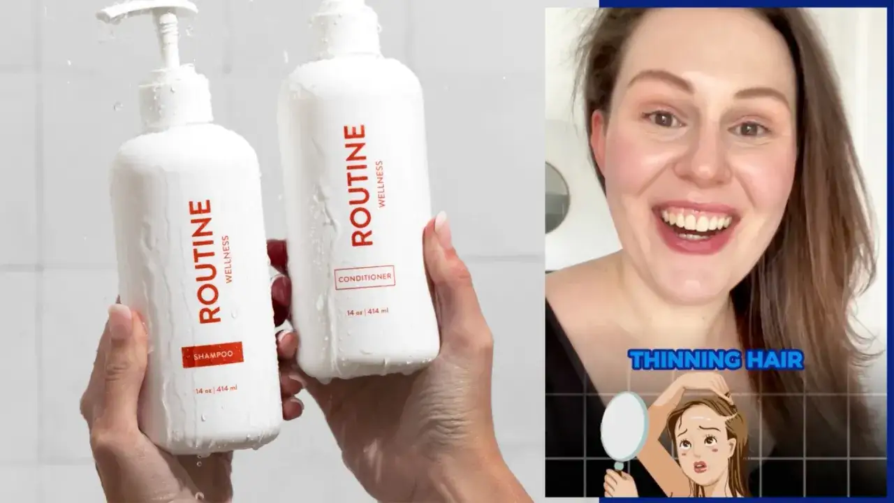 Två vita flaskor med schampo och balsam från Routine Wellness. Till höger en kvinna som ler, med texten